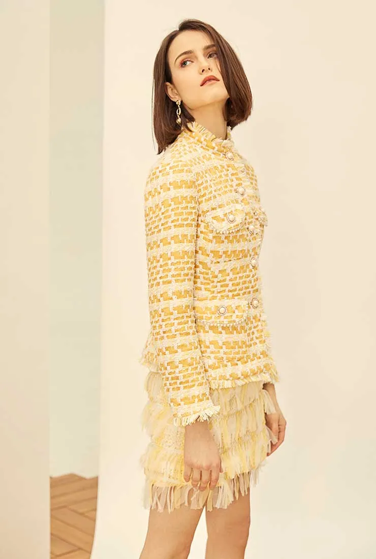 Yellow Stand Collar Tweed Coat   Short Pants Two Piece Sets
