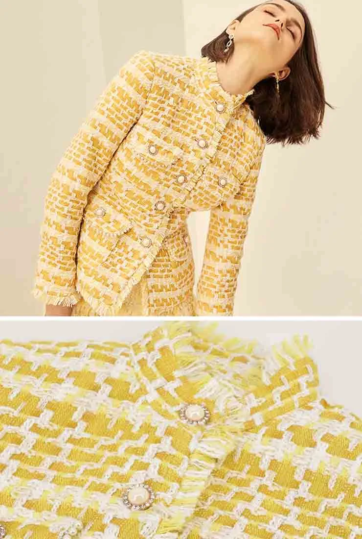 Yellow Stand Collar Tweed Coat   Short Pants Two Piece Sets