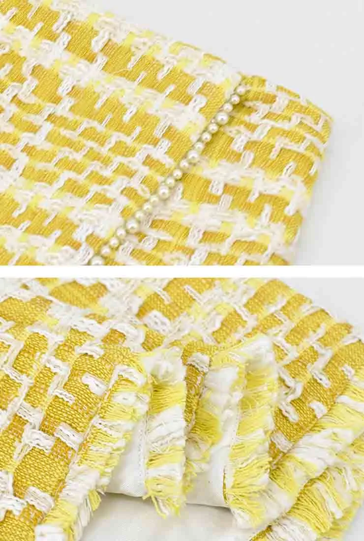 Yellow Stand Collar Tweed Coat   Short Pants Two Piece Sets