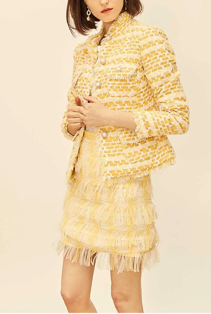 Yellow Stand Collar Tweed Coat   Short Pants Two Piece Sets