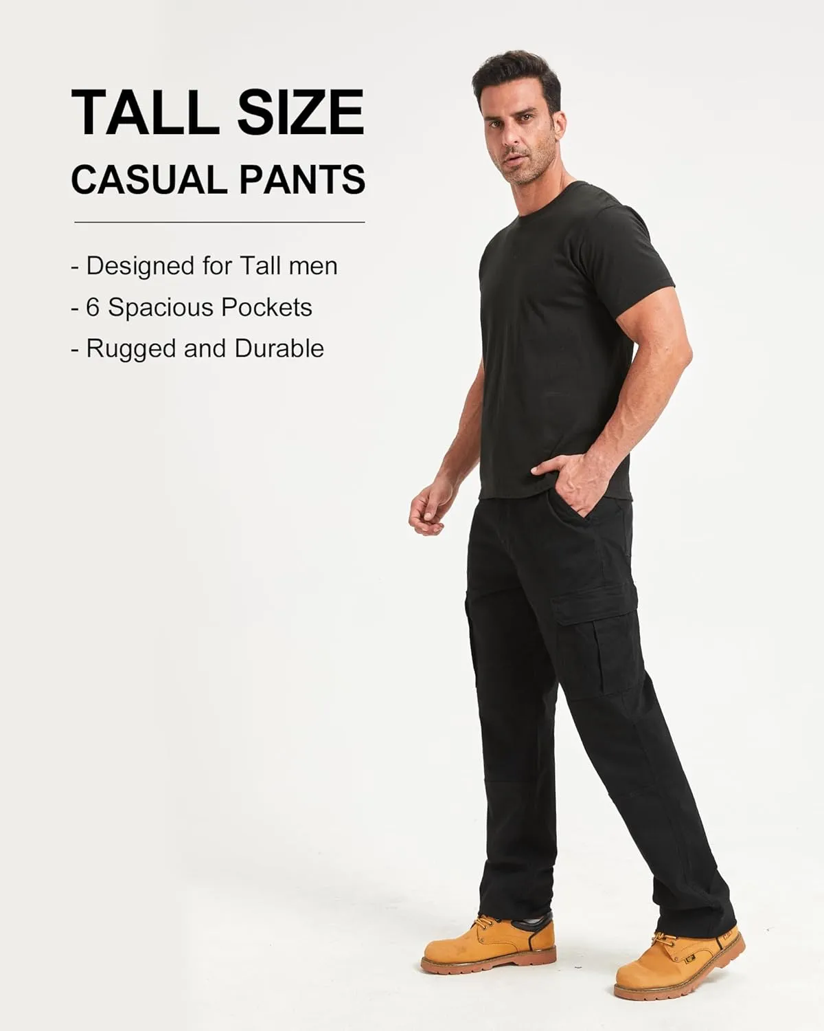 Zylioo Extra Tall Relaxed Fit Casual Pants for Men, 6 Pocket Black Work Pants, 36"/35"/34" Inseam Casual Utility Pants
